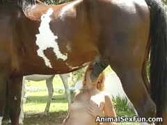 Naked cougar enjoys a thrilling beastiality action sucking a horse's cock outdoors in a girls sex horses mov 